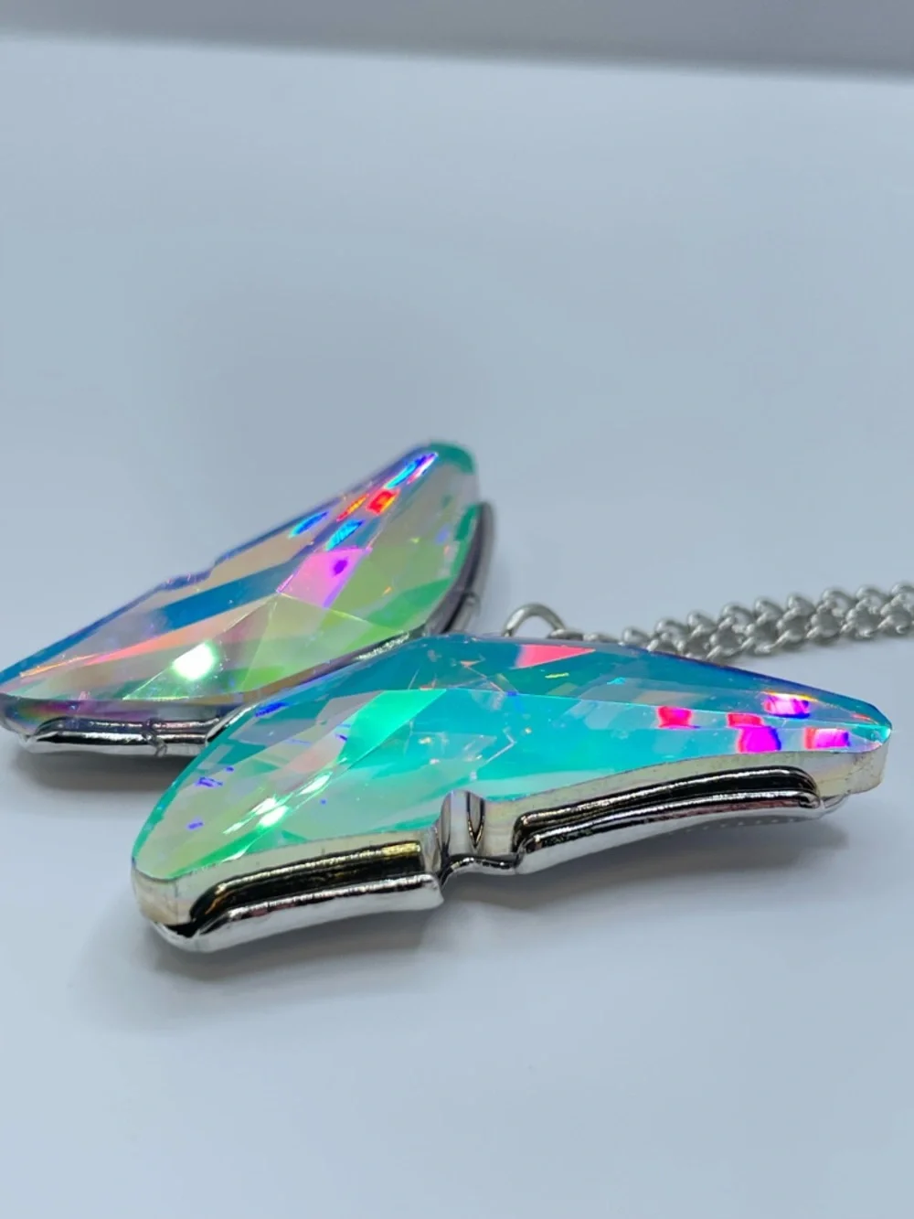 Butterfly AB Crystal Necklace Silver Tone Iridescent Statement Pendant